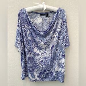 TAHARI | Plus Size Cowl Neck Top Purple Paisley Stretch Blouse NWT | 1X